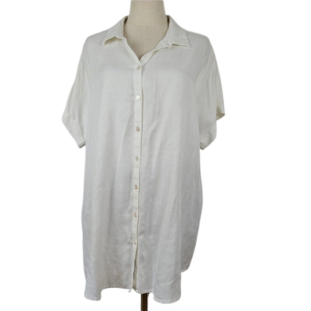 Soft Surroundings Tencel Short Sleeve Button Front Tunic Top Sz L White Shirt